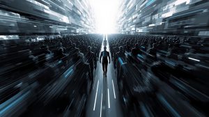 Ein abstraktes Bild einer Menschenmasse, die sich in eine Richtung bewegt