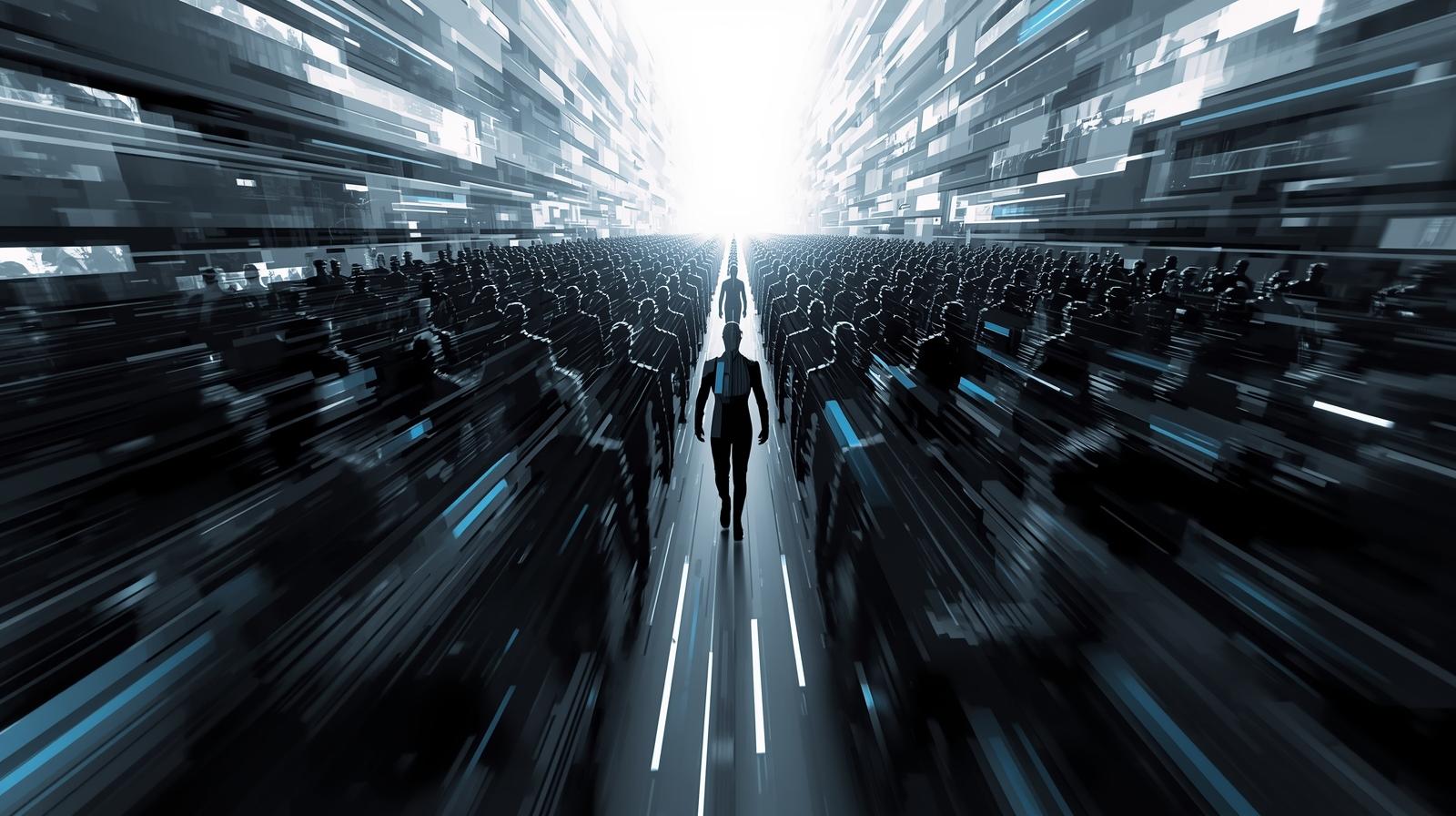 Ein abstraktes Bild einer Menschenmasse, die sich in eine Richtung bewegt